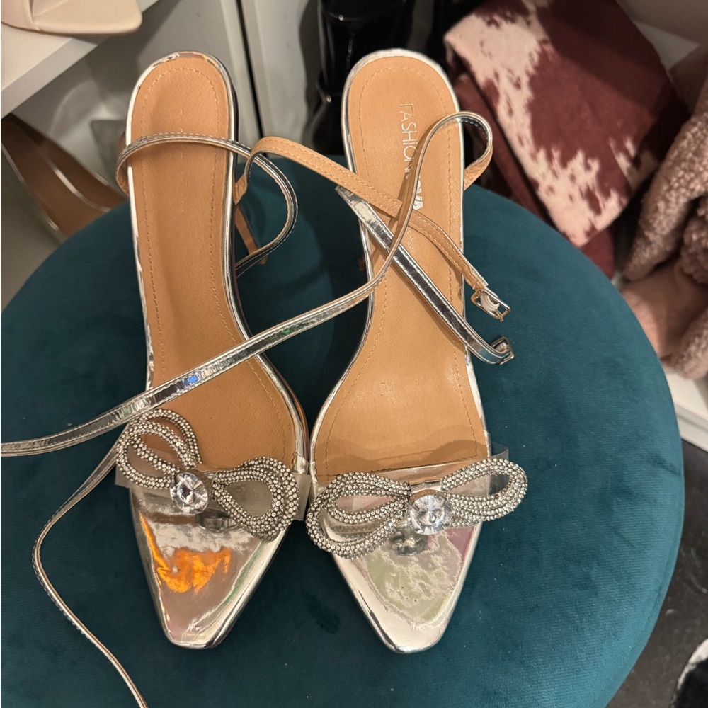 Fashion Nova Silver Pointed Toe Crystal Bow Ankle-Strap Heels